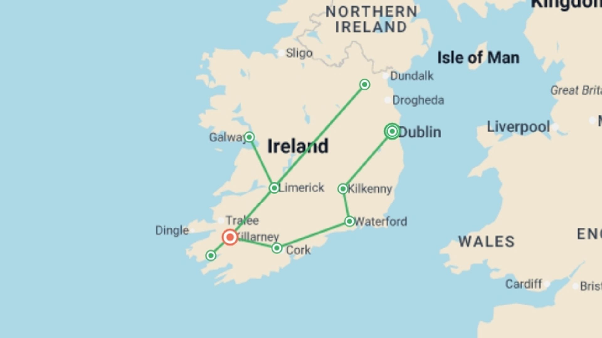 A map showing the tour itinerary for the trip: Shades of Ireland , starting in Dublin, Ireland and ending in Killarney, Ireland going through 5 other destinations.