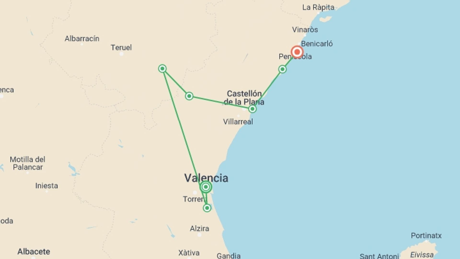 A map showing the tour itinerary for the trip: Cycling Valencia and the Orange Blossom Coast, starting in Valencia, Spain and ending in Castellón, Spain going through 6 other destinations.