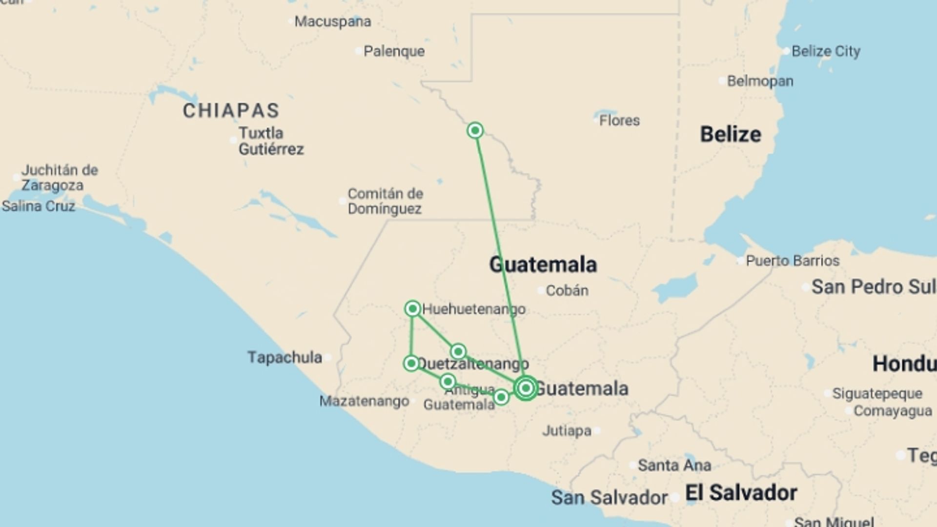A map showing the tour itinerary for the trip: THE MAYAN WONDERS, starting in Guatemala City, Guatemala and ending in Guatemala City, Guatemala going through 6 other destinations.
