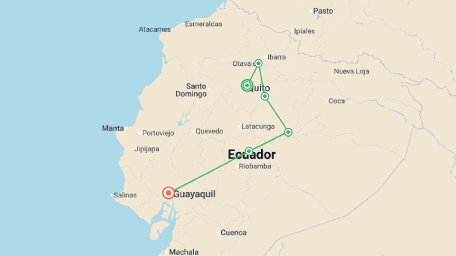 A map showing the tour itinerary for the trip: Best Of Ecuador, starting in Quito, Ecuador and ending in Guayaquil, Ecuador going through 5 other destinations.