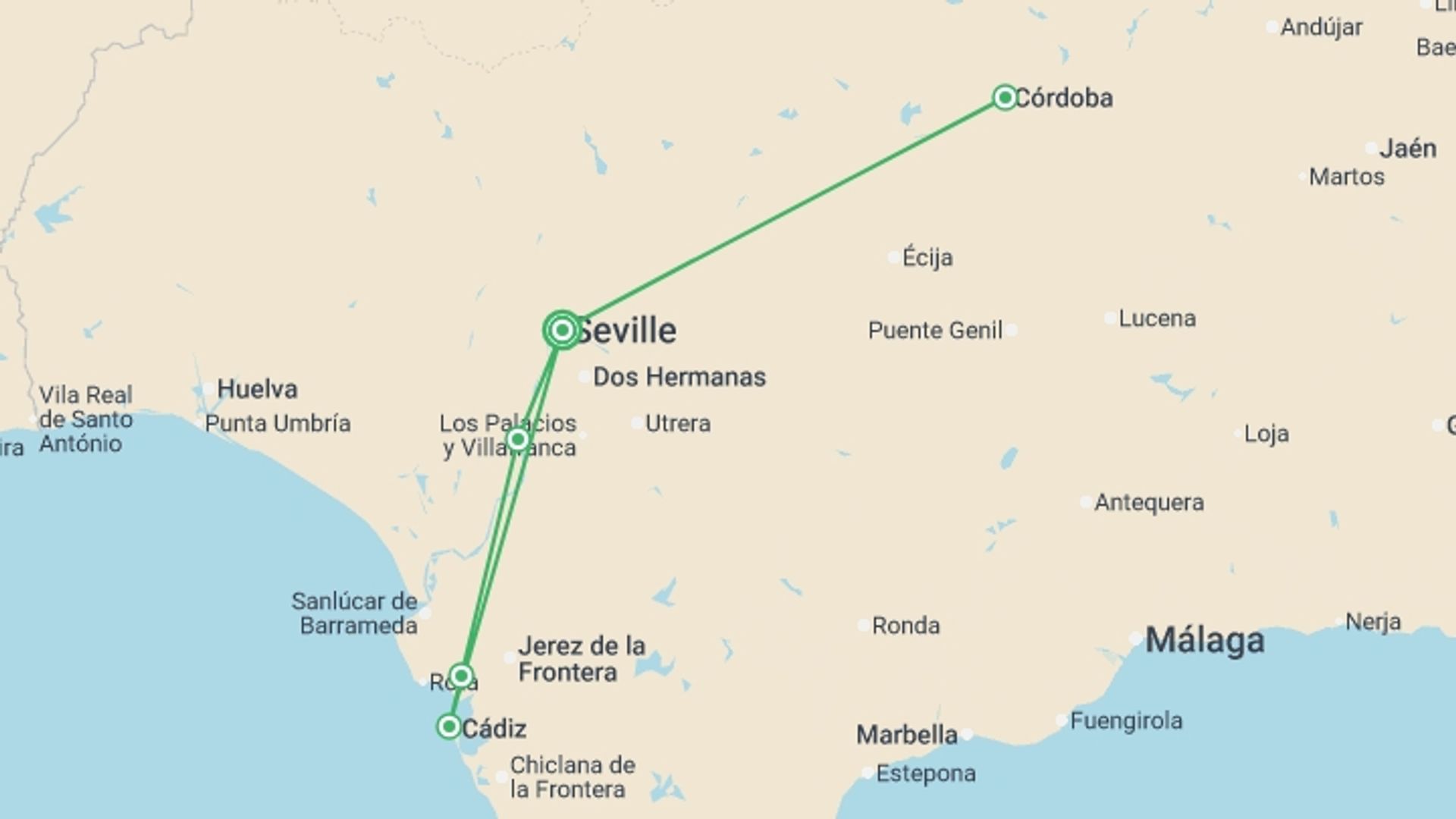 A map showing the tour itinerary for the trip: The Splendors of Andalusia Along the Guadalquivir Seville, Cordoba and Cadiz: the must-sees in an all-inclusive package (port-to-port cruise), starting in Seville, Spain and ending in Seville, Spain going through 2 other destinations.