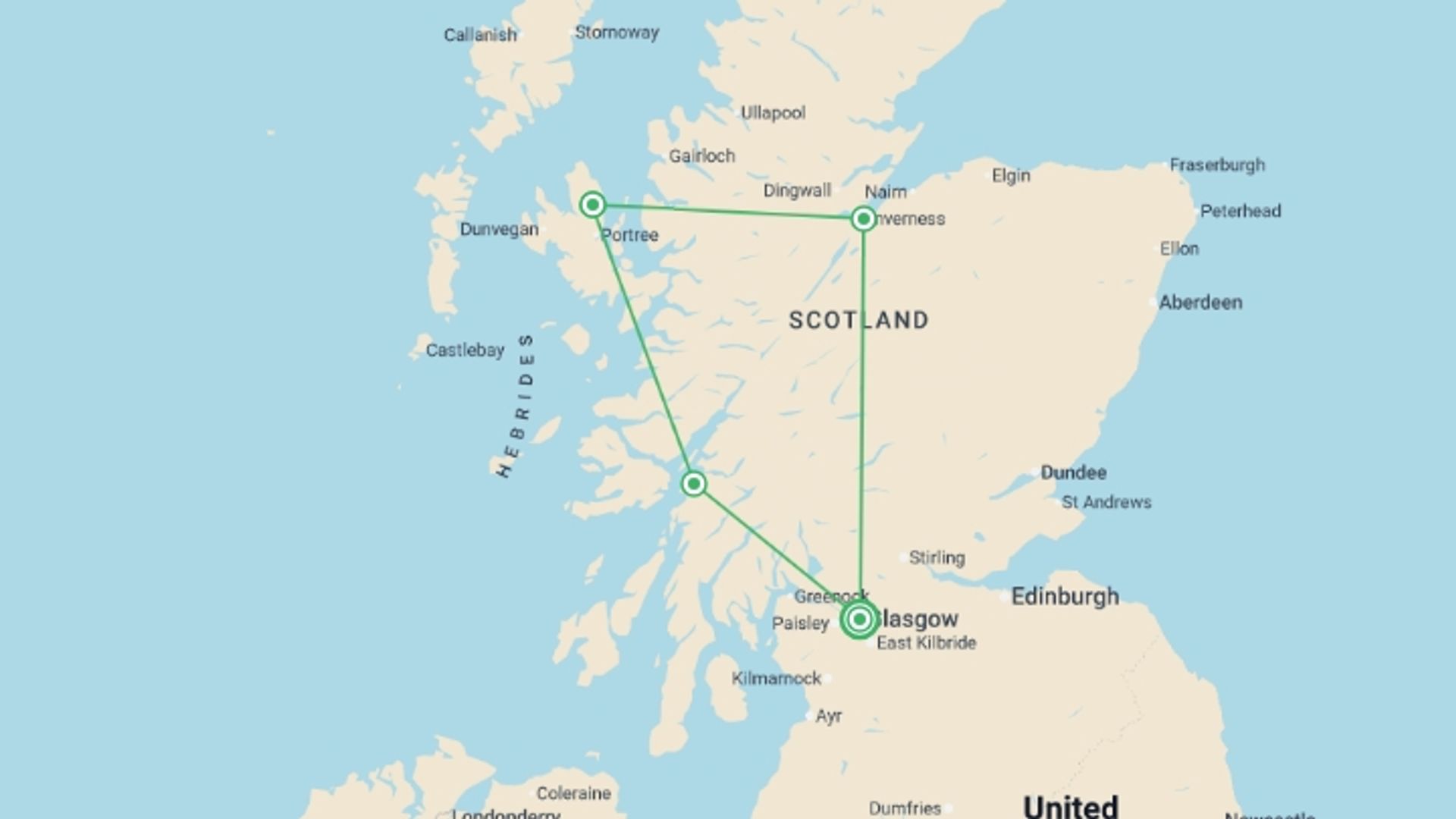 A map showing the tour itinerary for the trip: Scottish Highlands From Glasgow - 5 days, starting in Glasgow, Scotland and ending in Glasgow, Scotland going through 3 other destinations.