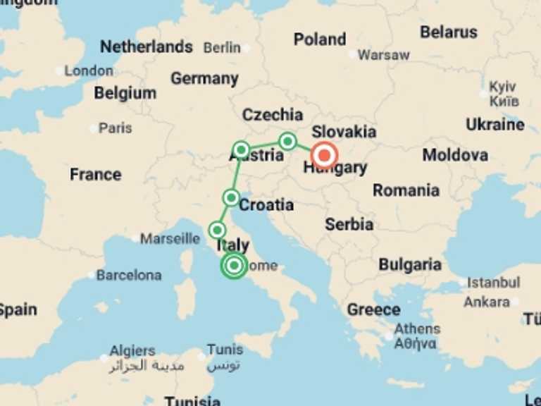 Map itinerary of Europe Tour in Spring with 6 destination visits for the trip: Classical Symphony with Budapest GO