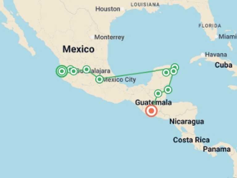 Map of a Sightseeing, attractions, culture and history Tour with 9 destination visits for the trip: Ultimate Central America
