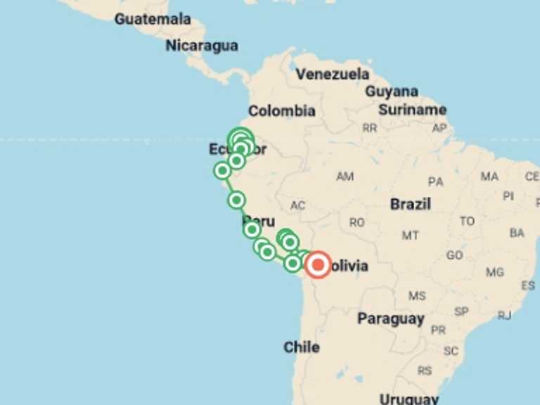 Map itinerary of Lima Tour in December 2026 with 16 destination visits for the trip: Quito to La Paz: Amazon & Ancient Cultures
