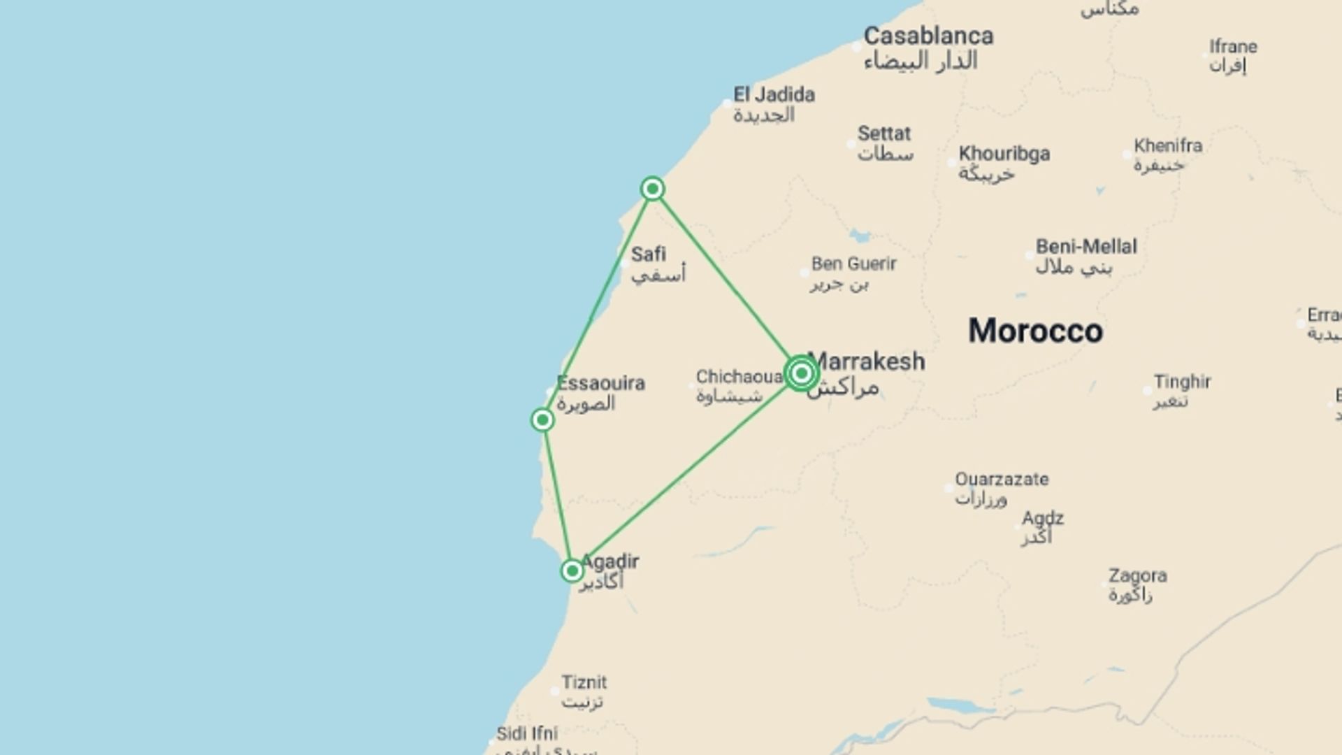 A map showing the tour itinerary for the trip: Morocco: Marrakech and the Coast, starting in Marrakech, Morocco and ending in Marrakech, Morocco going through 3 other destinations.