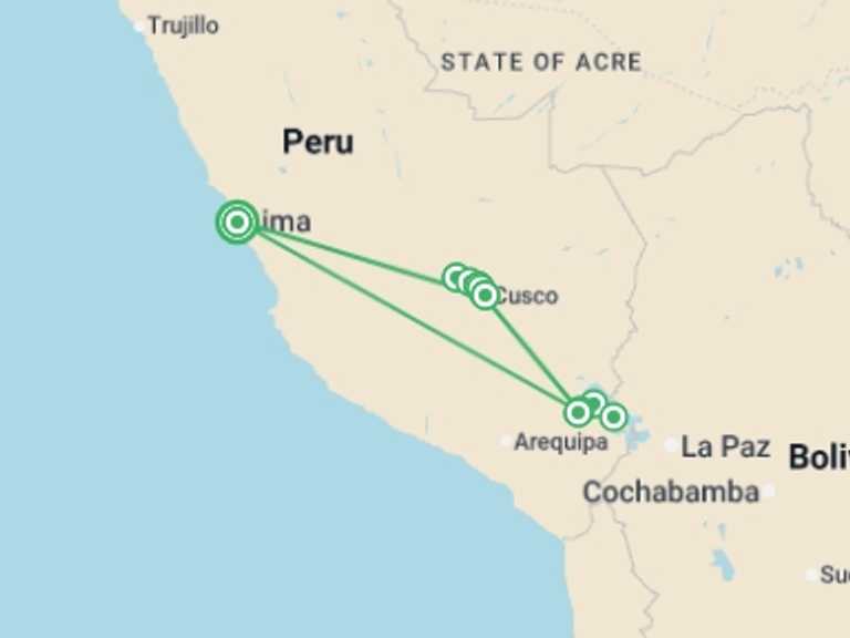 Map itinerary of Puno Tour in June 2027 with 5 destination visits for the trip: Treasures of the Incas