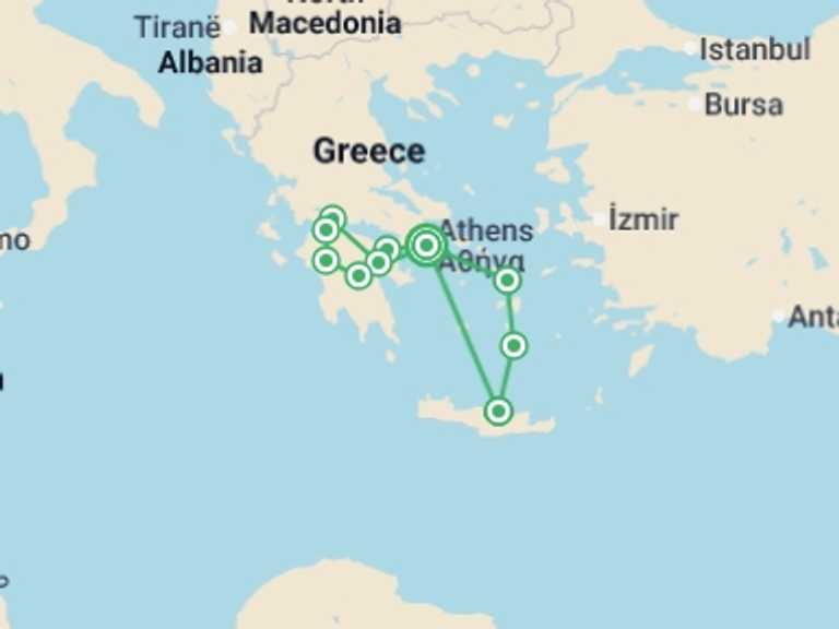 Map itinerary of Heraklion Tour in October 2025 with 5 destination visits for the trip: Athens, Peninsula, and Greek Islands