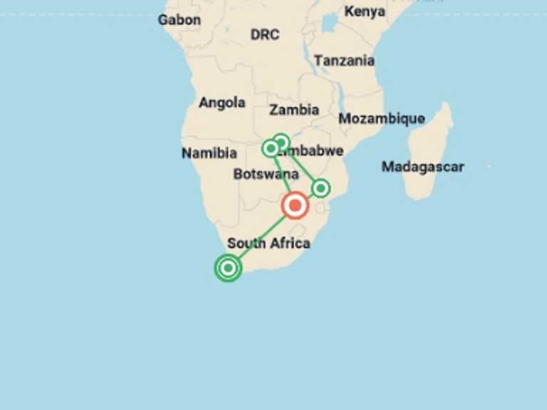 Map itinerary of South Africa Tour in Fall with 5 destination visits for the trip: Signature: Southern Africa from Cape Town to Victoria Falls