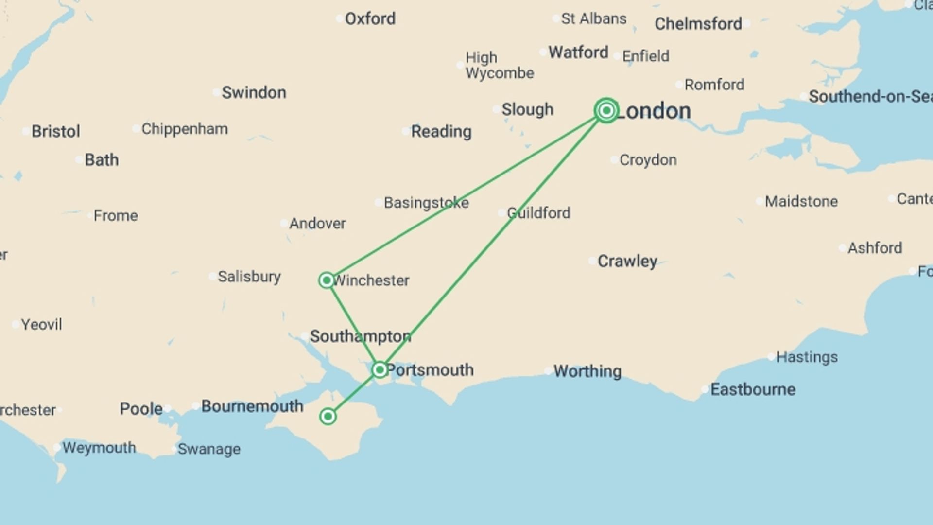 A map showing the tour itinerary for the trip: Isle of Wight Discovery (Hotel) - 3 days, starting in London, England and ending in London, England going through 1 other destinations.