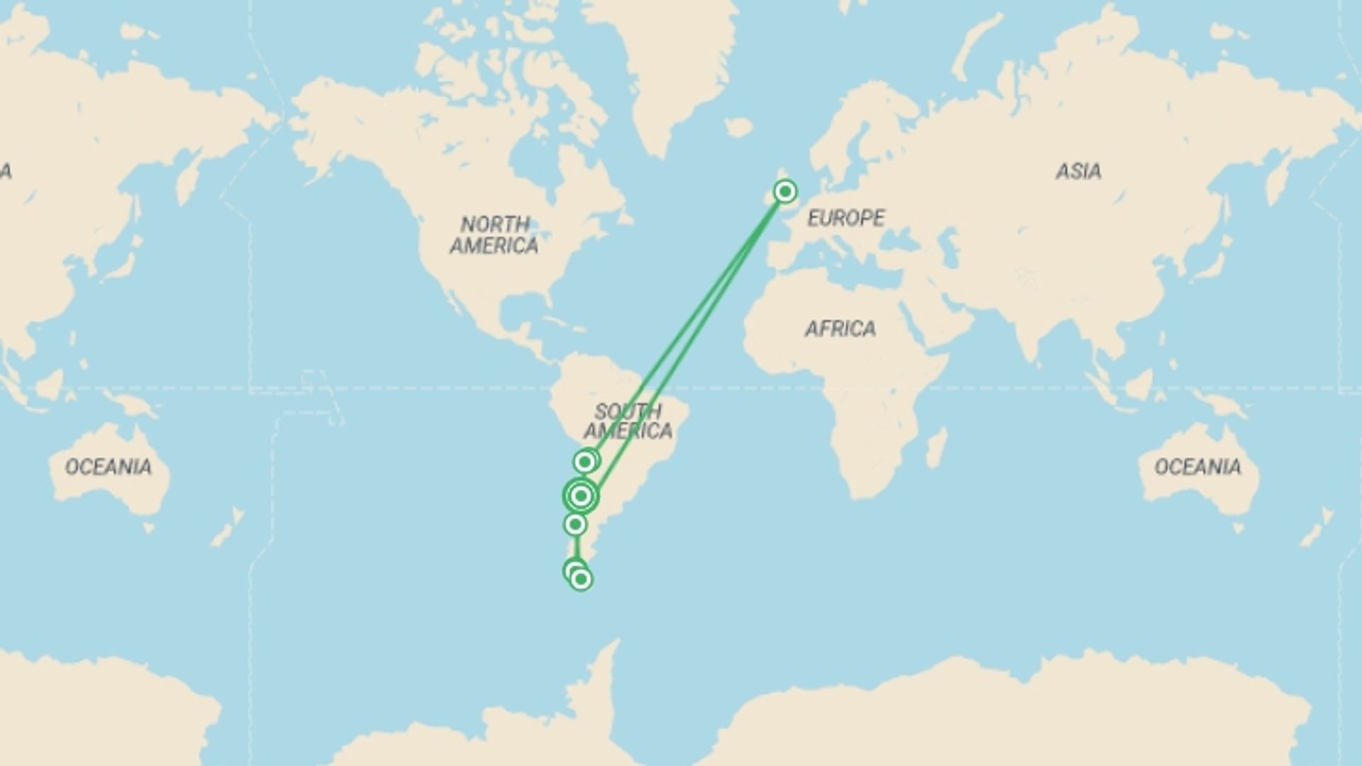 A map showing the tour itinerary for the trip: Highlights of Chile - Atacama to Paine, starting in Santiago, Chile and ending in Santiago, Chile going through 7 other destinations.