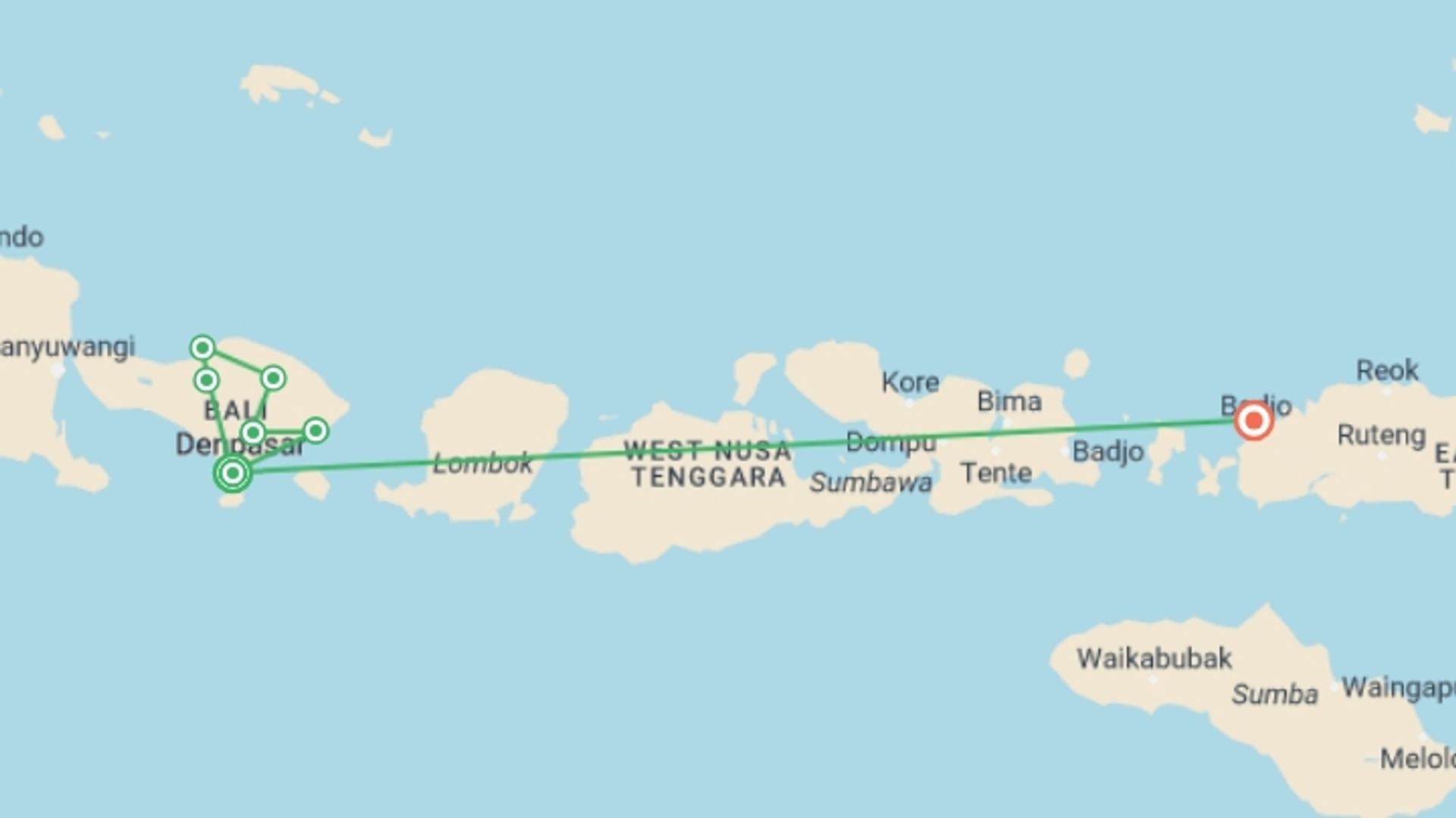 A map showing the tour itinerary for the trip: Indonesia: Bali & Komodo Island, starting in Seminyak , Indonesia and ending in Labuan Bajo, Indonesia going through 6 other destinations.