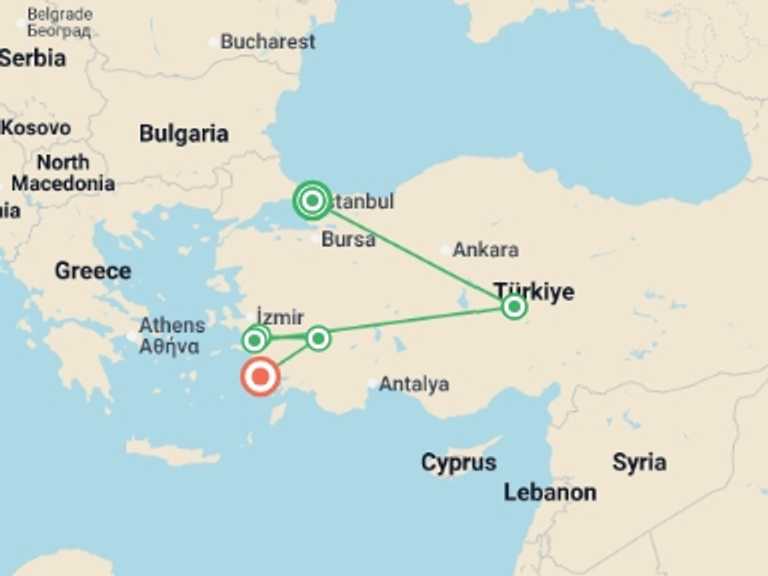 Map itinerary of Turkey Tour in May 2027 with 6 destination visits for the trip: Sultanas of Turkey - Women Only