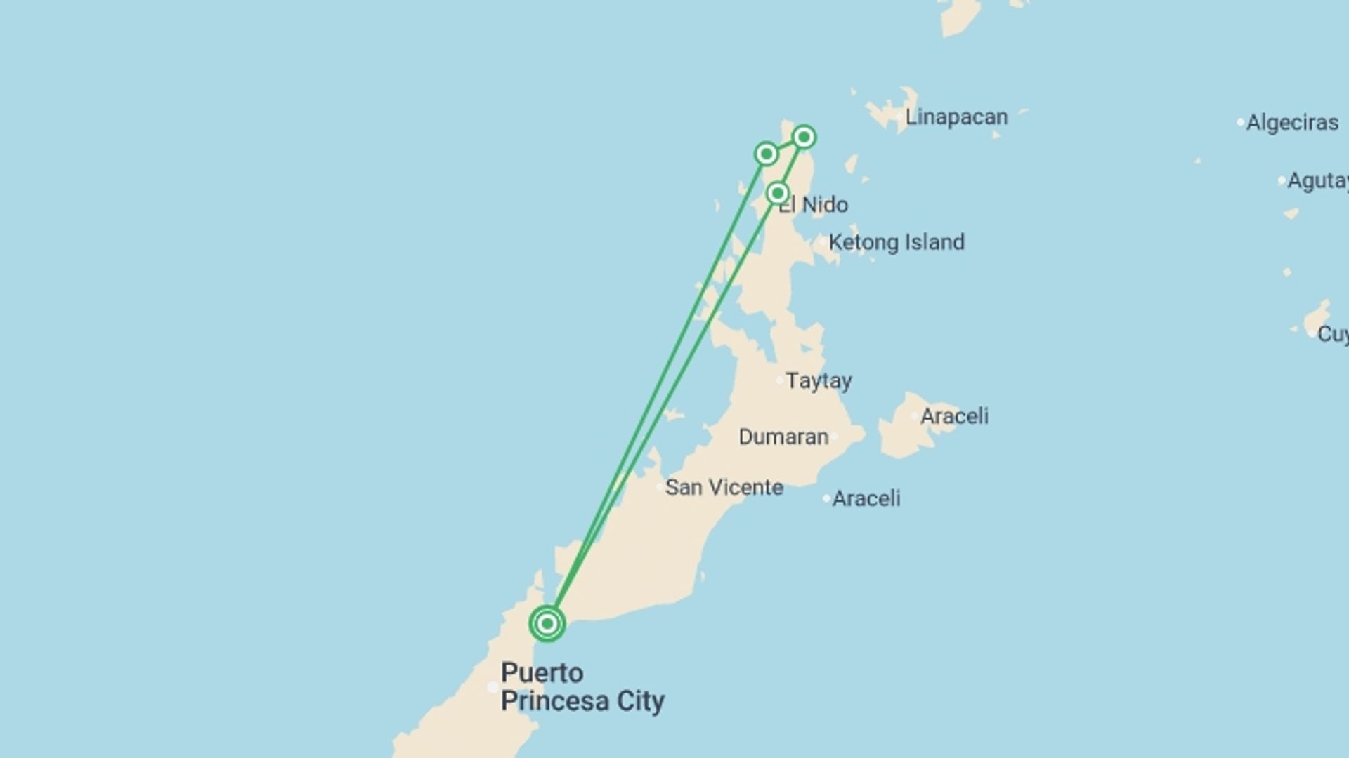 A map showing the tour itinerary for the trip: Puerto Princesa & El Nido Adventure 8D/7N, starting in Puerto Princesa, Philippines and ending in Puerto Princesa, Philippines going through 3 other destinations.