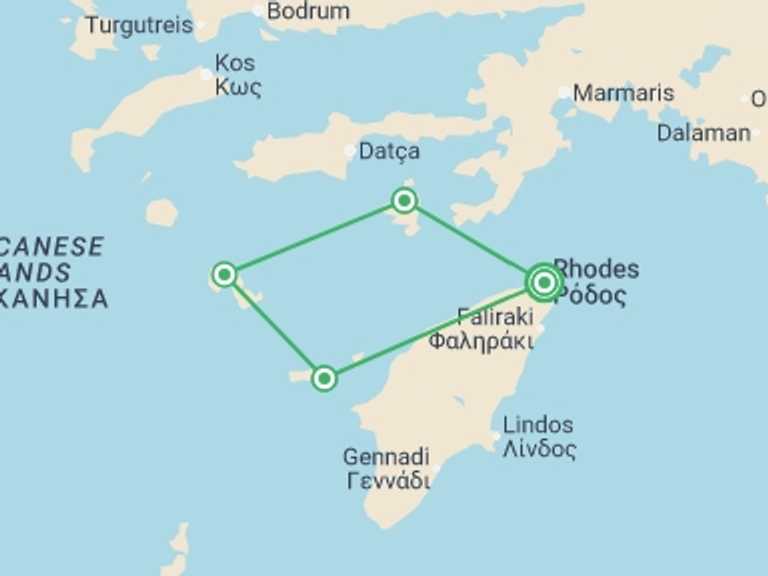Map of Rhodes Tour with 5 destination visits for the trip: Dodecanese Sailing Explorer
