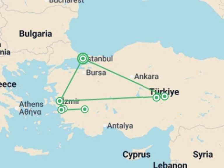 Map itinerary of Turkey Tour in March 2027 with 4 destination visits for the trip: Istanbul, Kusadasi, Ephesus, Pamukkale & Cappadocia Tour