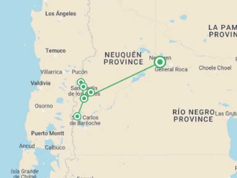 Map of a Natural landmarks sightseeing Tour with 2 destination visits for the trip: 4-Day Trip in San Martin de los Andes