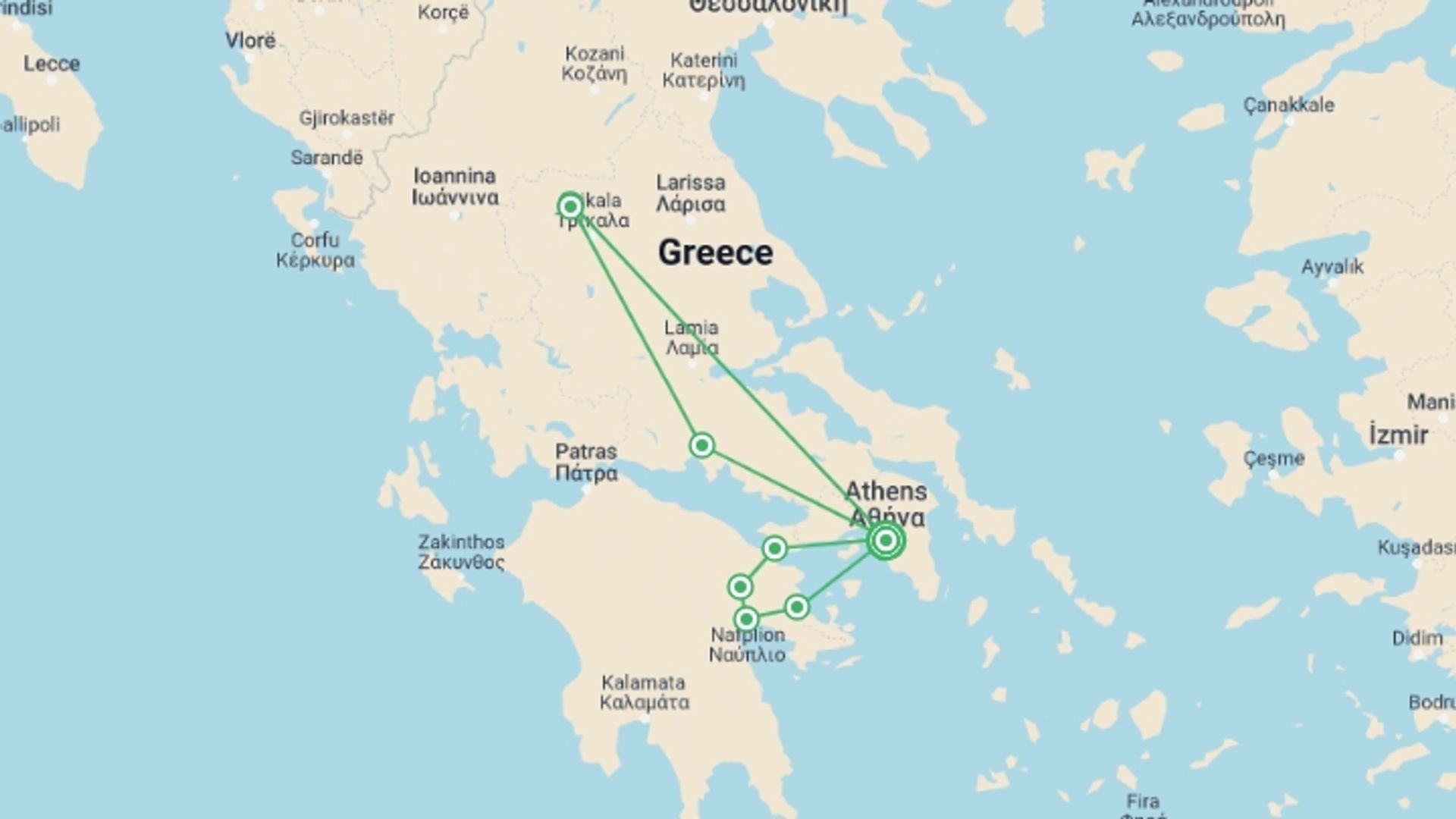 A map showing the tour itinerary for the trip: Go Local - Highlights Of Greece, Private Tour, starting in Athens, Greece and ending in Athens, Greece going through 1 other destinations.