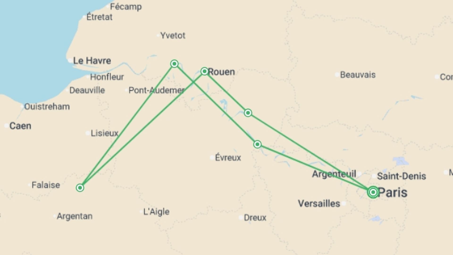 A map showing the tour itinerary for the trip: The Seine Valley (port-to-port cruise), starting in Paris, France and ending in Paris, France going through 5 other destinations.