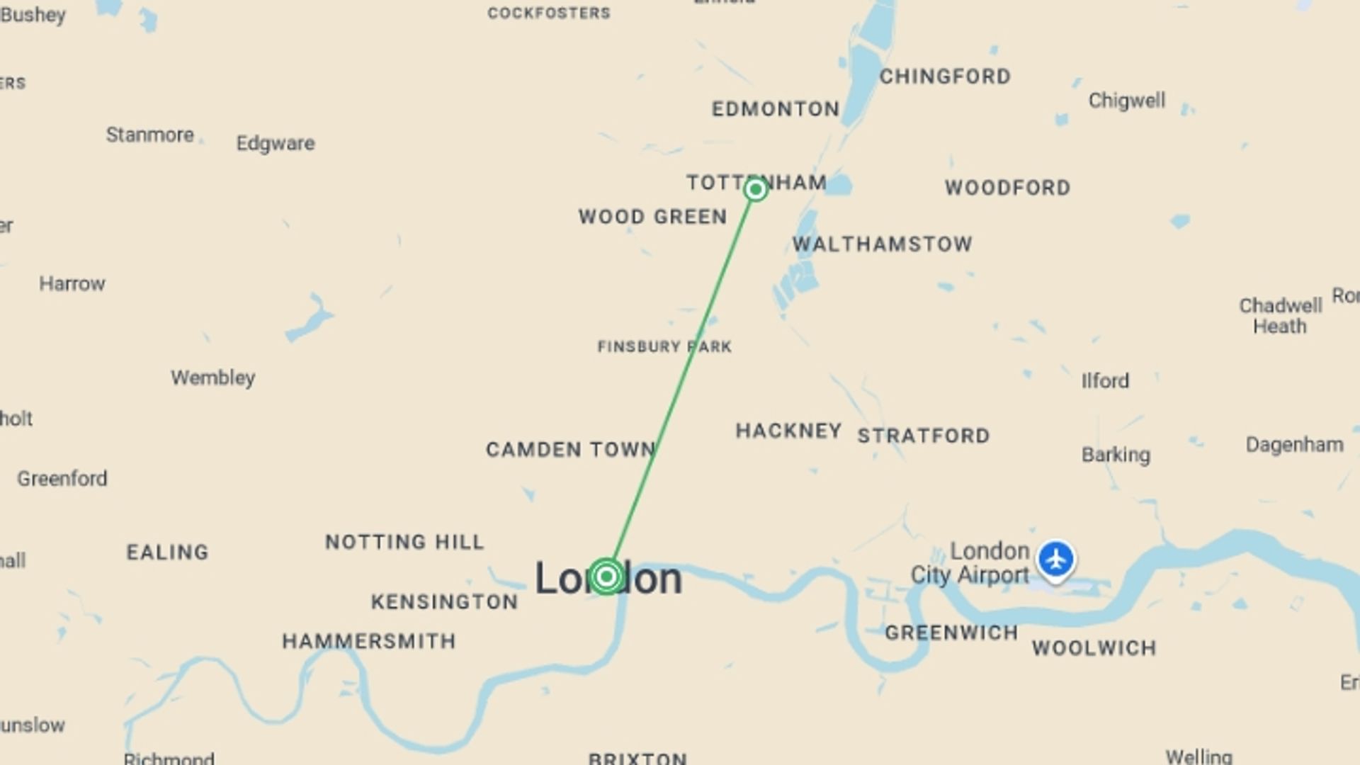 A map showing the tour itinerary for the trip: Tottenham Hotspur: London, Inside the Game, starting in London, England and ending in London, England going through 1 other destinations.