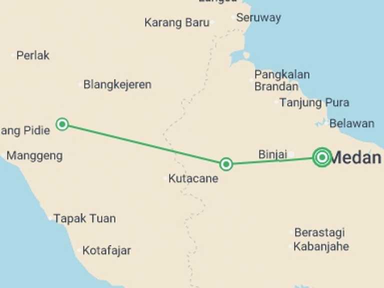Map itinerary of Indonesia Tour in July 2027 with 3 destination visits for the trip: Sumatra’s Wild Side: Orangutans, Rivers & Rural Life