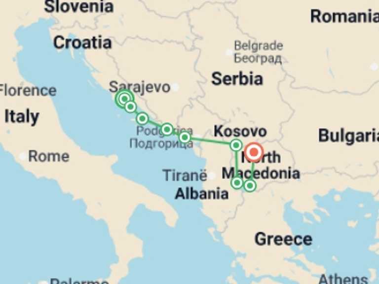 Map itinerary of Europe Tour in June 2027 with 9 destination visits for the trip: Split to Skopje Real Food Adventure