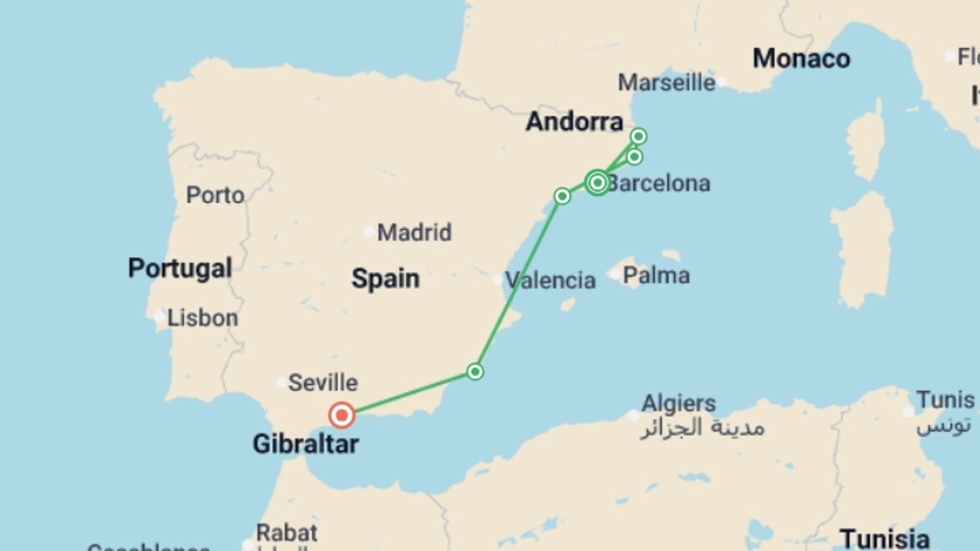 A map showing the tour itinerary for the trip: Barcelona to MalagaFollowing the footsteps of three wondrous Spanish artists: Gaudi, Dali, and Picasso (port-to-port package), starting in Barcelona, Spain and ending in Malaga, Spain going through 3 other destinations.