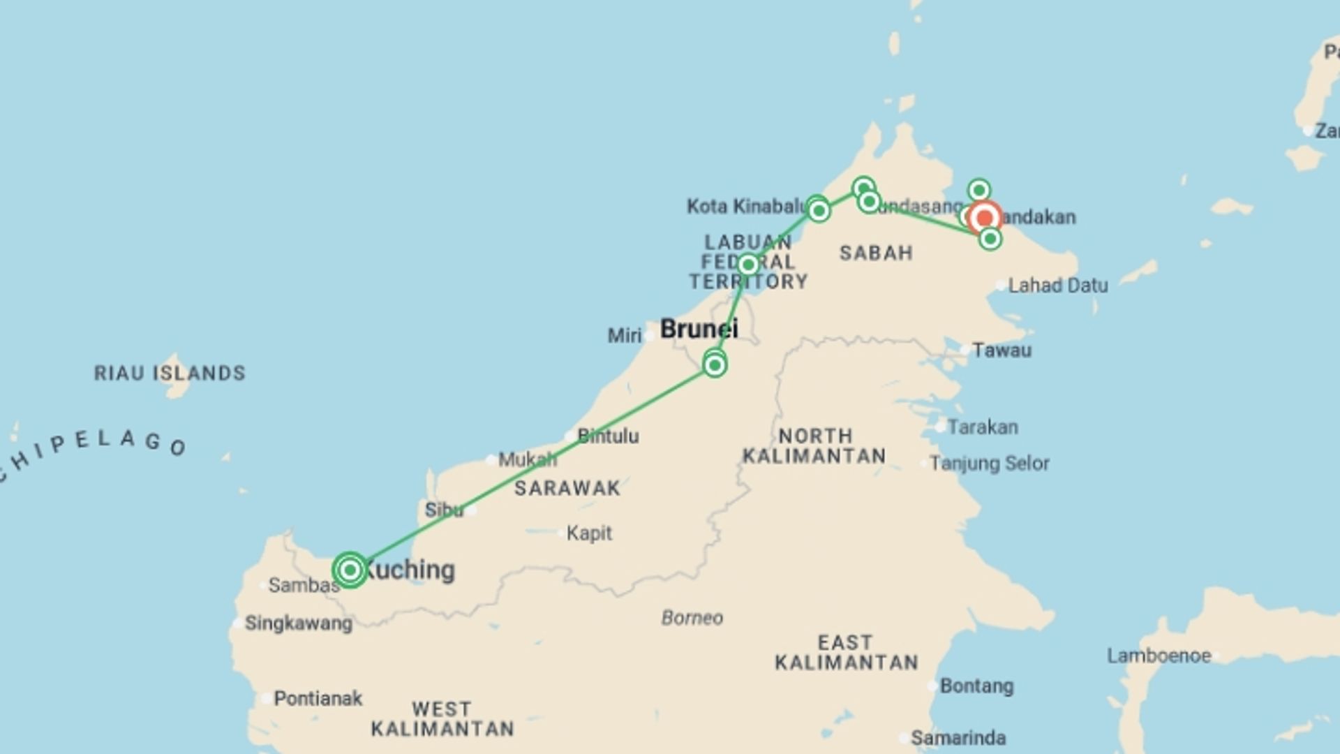 A map showing the tour itinerary for the trip: Best of Borneo, starting in Kuching, Malaysia and ending in Sandakan, Malaysia going through 10 other destinations.
