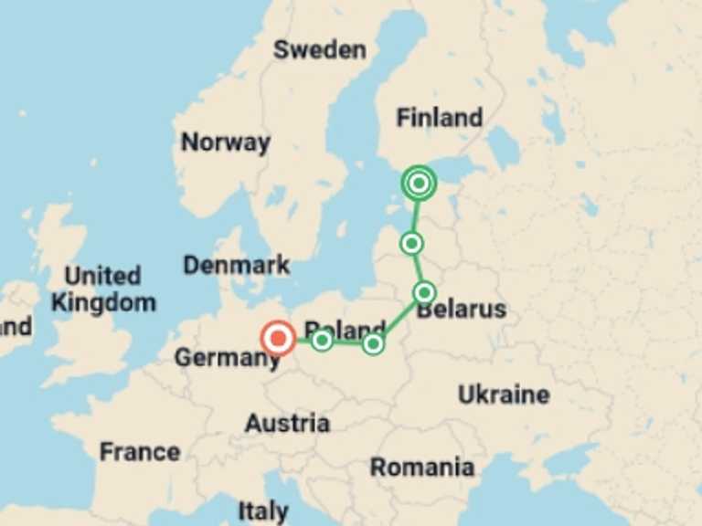 Map of Europe Tour with 6 destination visits for the trip: Stunning Baltics End Berlin