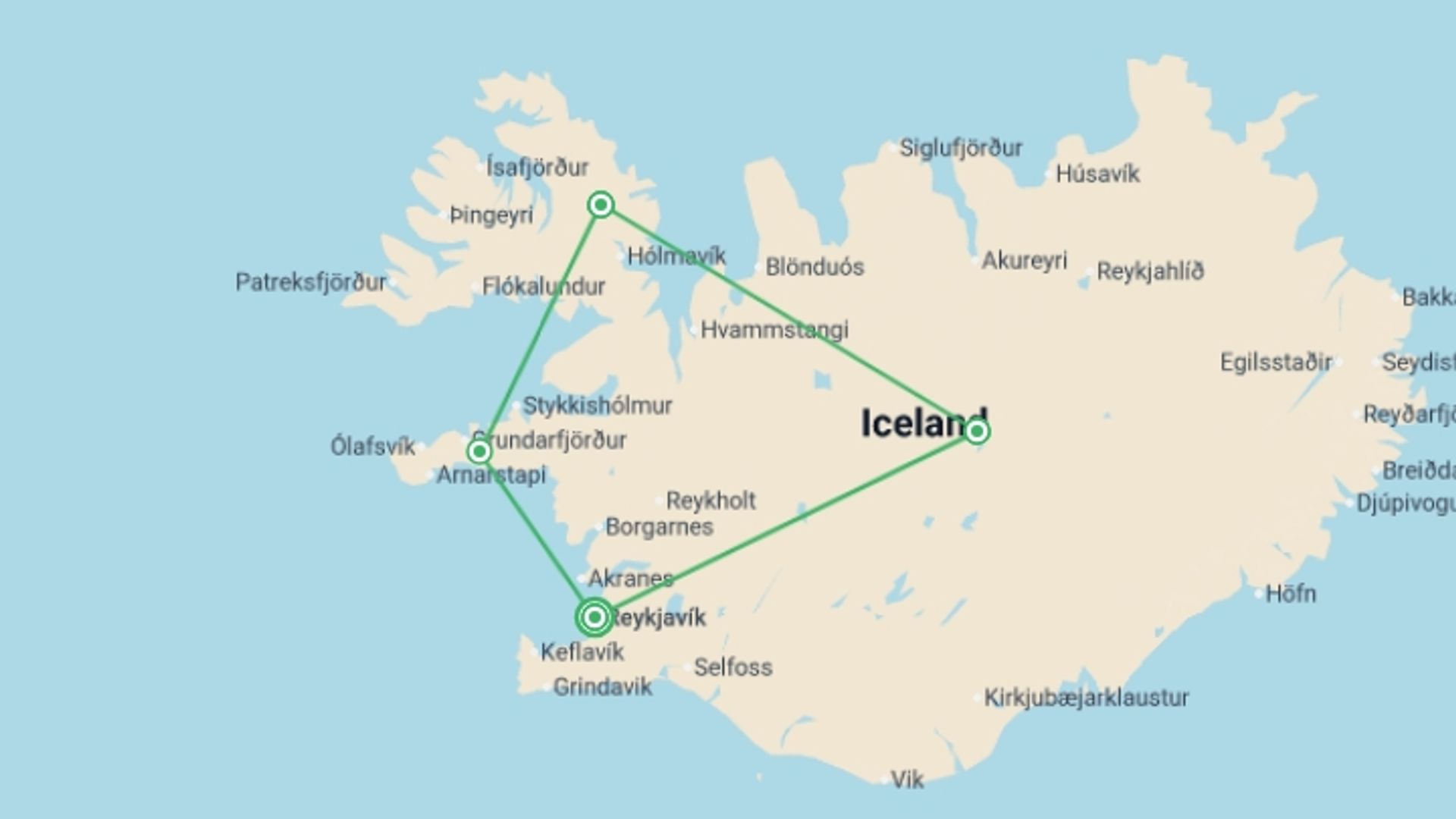 A map showing the tour itinerary for the trip: Iceland Circumnavigation (Ultramarine), starting in Reykjavik, Iceland and ending in Reykjavik, Iceland going through 4 other destinations.