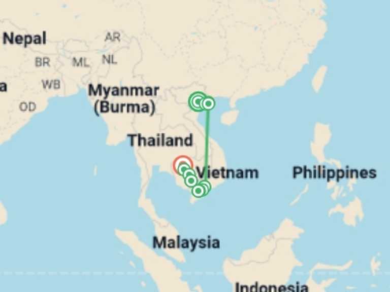 Map of 15-Day Ho Chi Minh City Tour with 10 destination visits for the trip: Vietnam & Cambodia Tour with Halong Bay & Mekong River Cruise