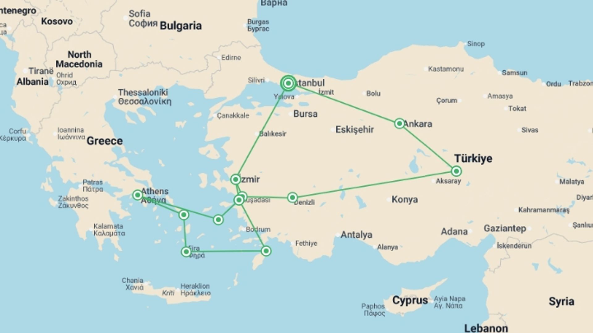 A map showing the tour itinerary for the trip: Best Of Turkey And Greece With 3-night Cruise (small Group), starting in Istanbul, Turkey and ending in Istanbul, Turkey going through 8 other destinations.