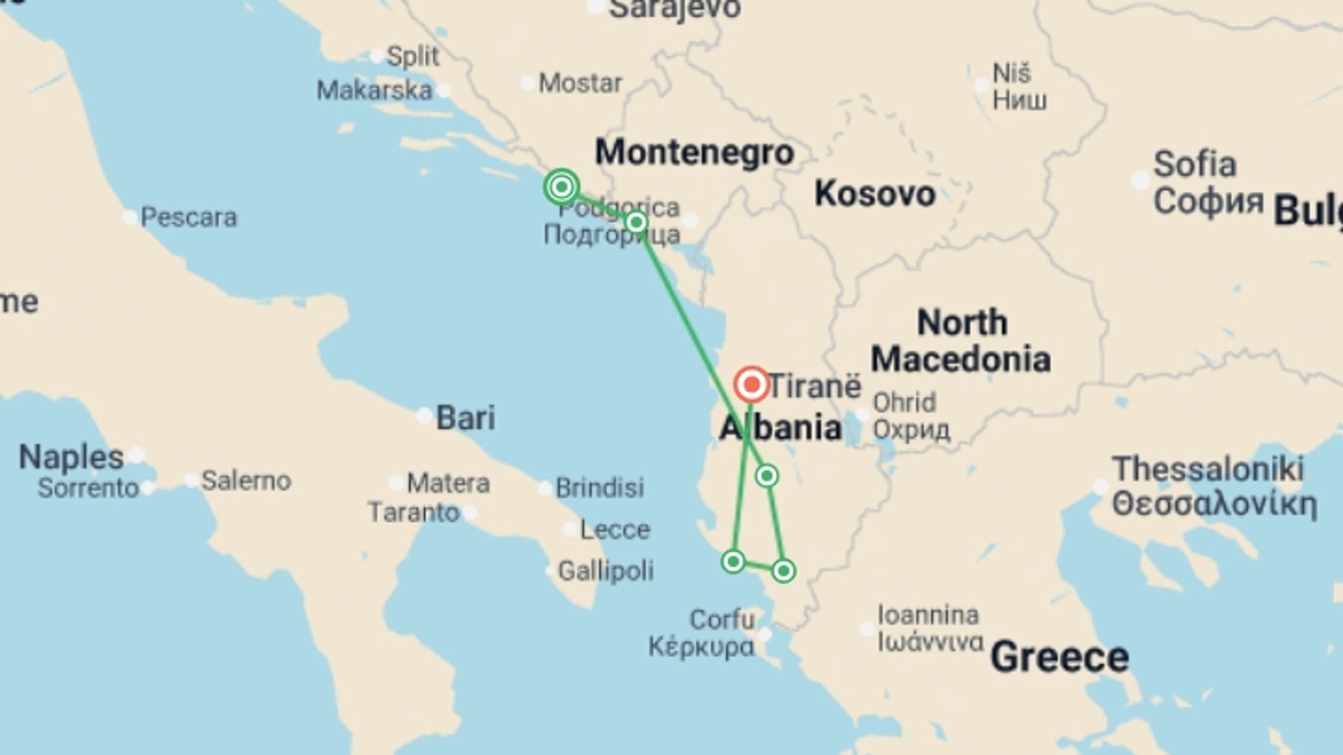 A map showing the tour itinerary for the trip: Premium Albania and Montenegro, starting in Dubrovnik, Croatia and ending in Tirana, Albania going through 4 other destinations.
