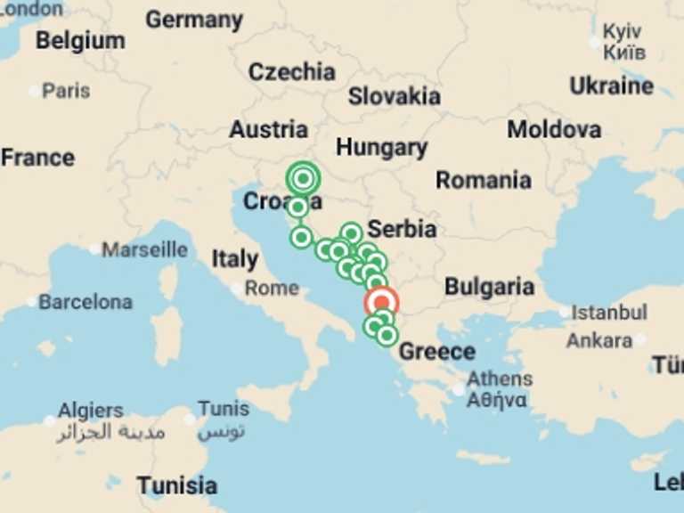 Map itinerary of Europe Tour in August 2026 with 18 destination visits for the trip: Classic Balkans:  Croatia to Albania