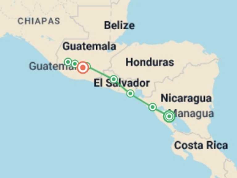 Map of Central America Tour with 8 destination visits for the trip: Heart of Central America