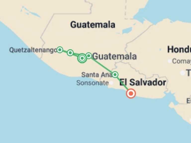Map of 15-Day North America Tour with 6 destination visits for the trip: Guatemala & Beyond