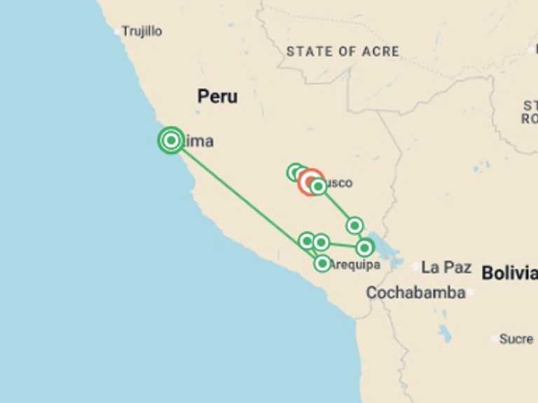 Map itinerary of South America Tour in March 2027 with 7 destination visits for the trip: The Richness Of Southern Peru