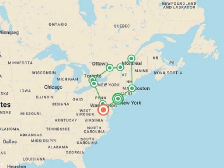 Map of Toronto City sightseeing Tour with 8 destination visits for the trip: Discover Eastern US and Canada