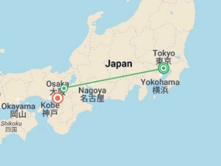 Map itinerary of Osaka Tour in September 2025 with 3 destination visits for the trip: Japan Highlights Family Holiday