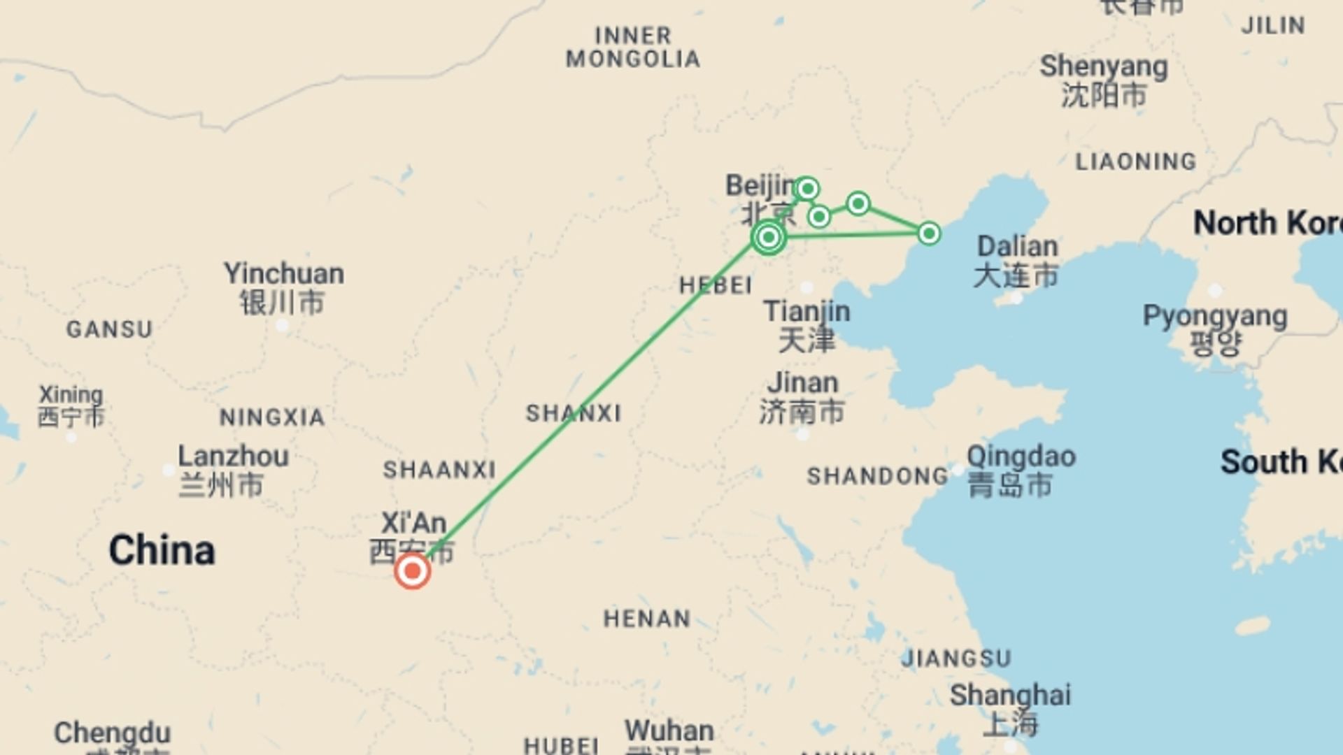A map showing the tour itinerary for the trip: Walk the Great Wall + Xian Extension, starting in Beijing, China and ending in Xian, China going through 6 other destinations.