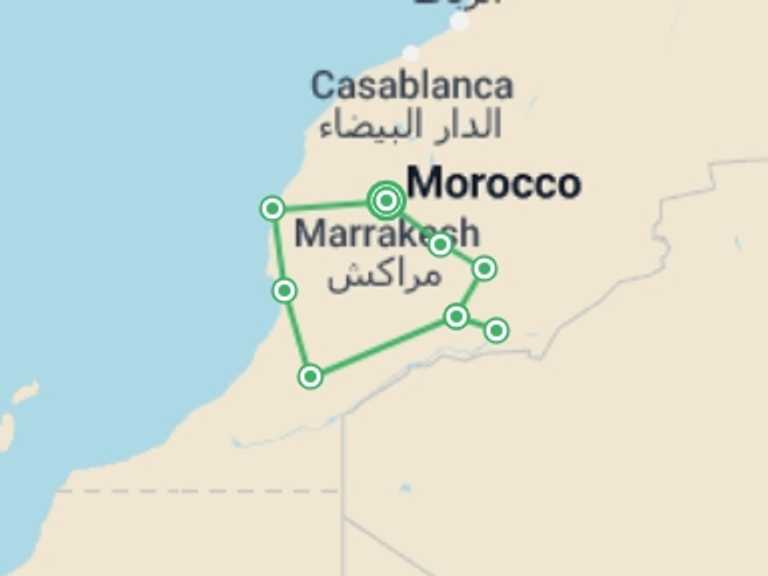 Map of 8-Day Morocco Tour with 9 destination visits for the trip: Moroccan Adventure
