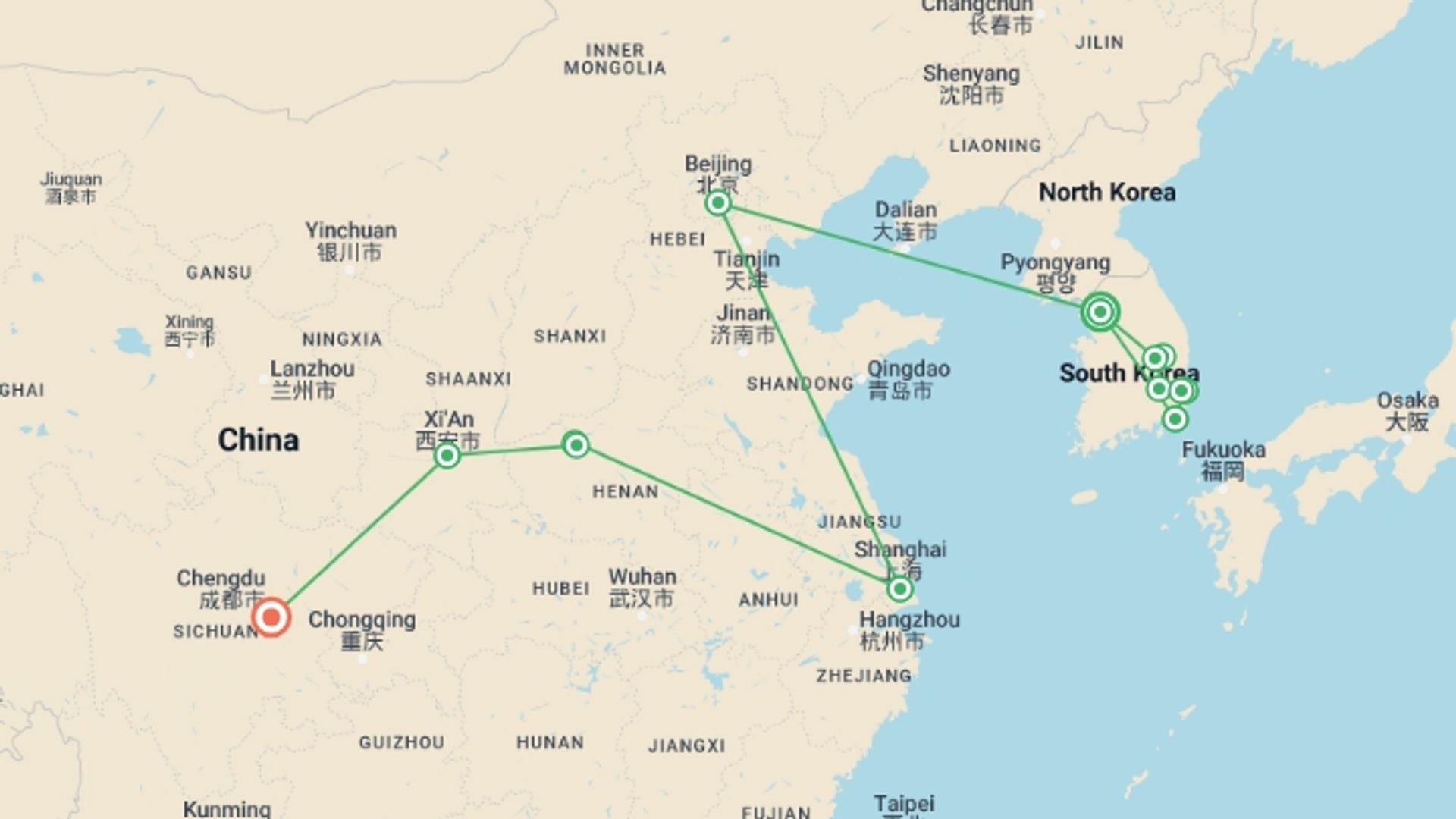 A map showing the tour itinerary for the trip: Korea and Authentic China with Chengdu, starting in Seoul, South Korea and ending in Chengdu, China going through 6 other destinations.