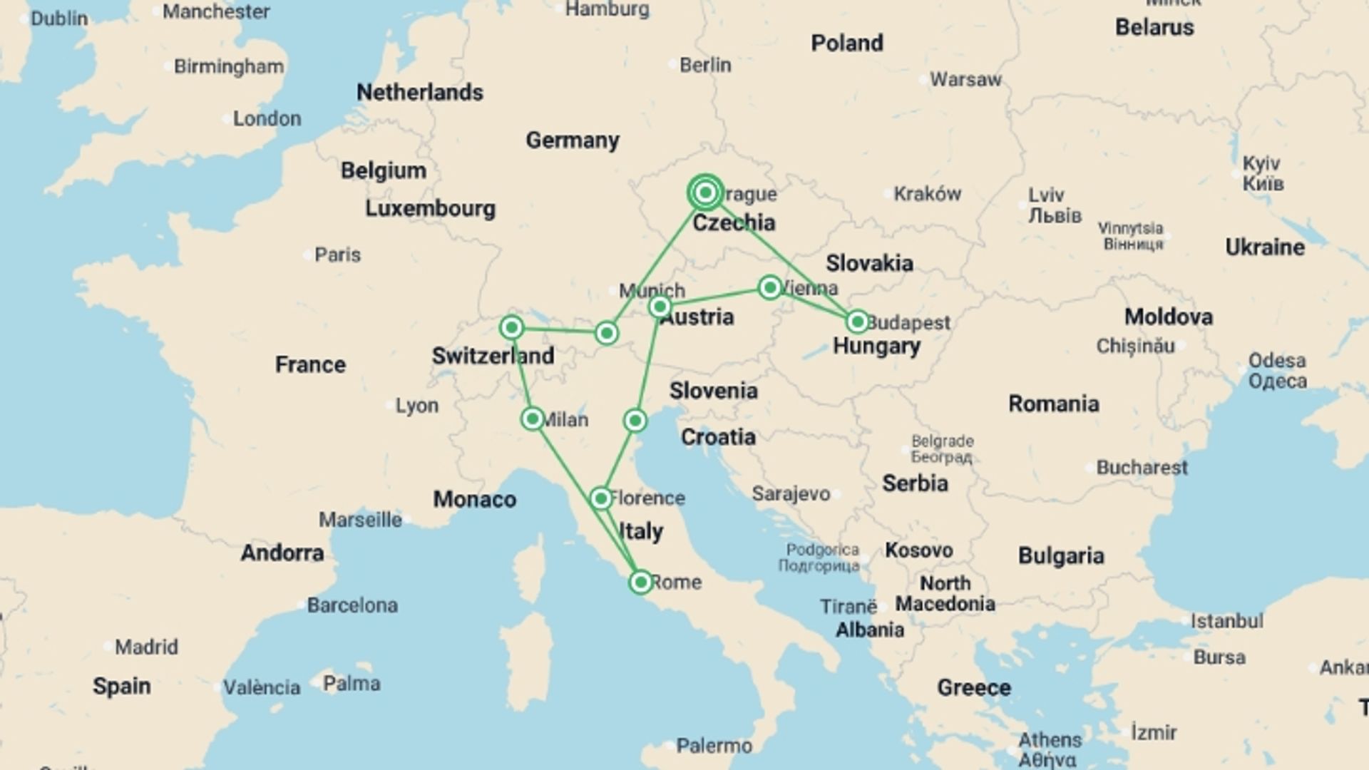 A map showing the tour itinerary for the trip: Beautiful Europe ROT GO, starting in Prague, Czech Republic and ending in Prague, Czech Republic going through 9 other destinations.