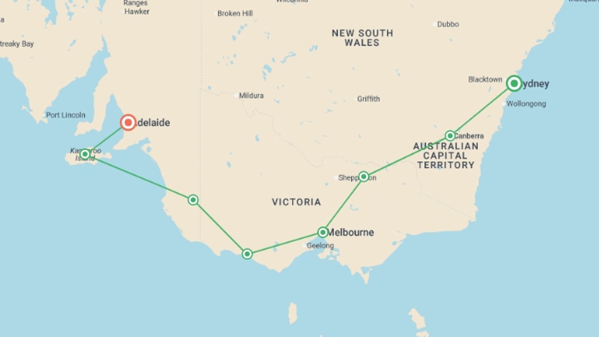 A map showing the tour itinerary for the trip: Tastes of Southern Australia, starting in Sydney, Australia and ending in Adelaide, Australia going through 7 other destinations.