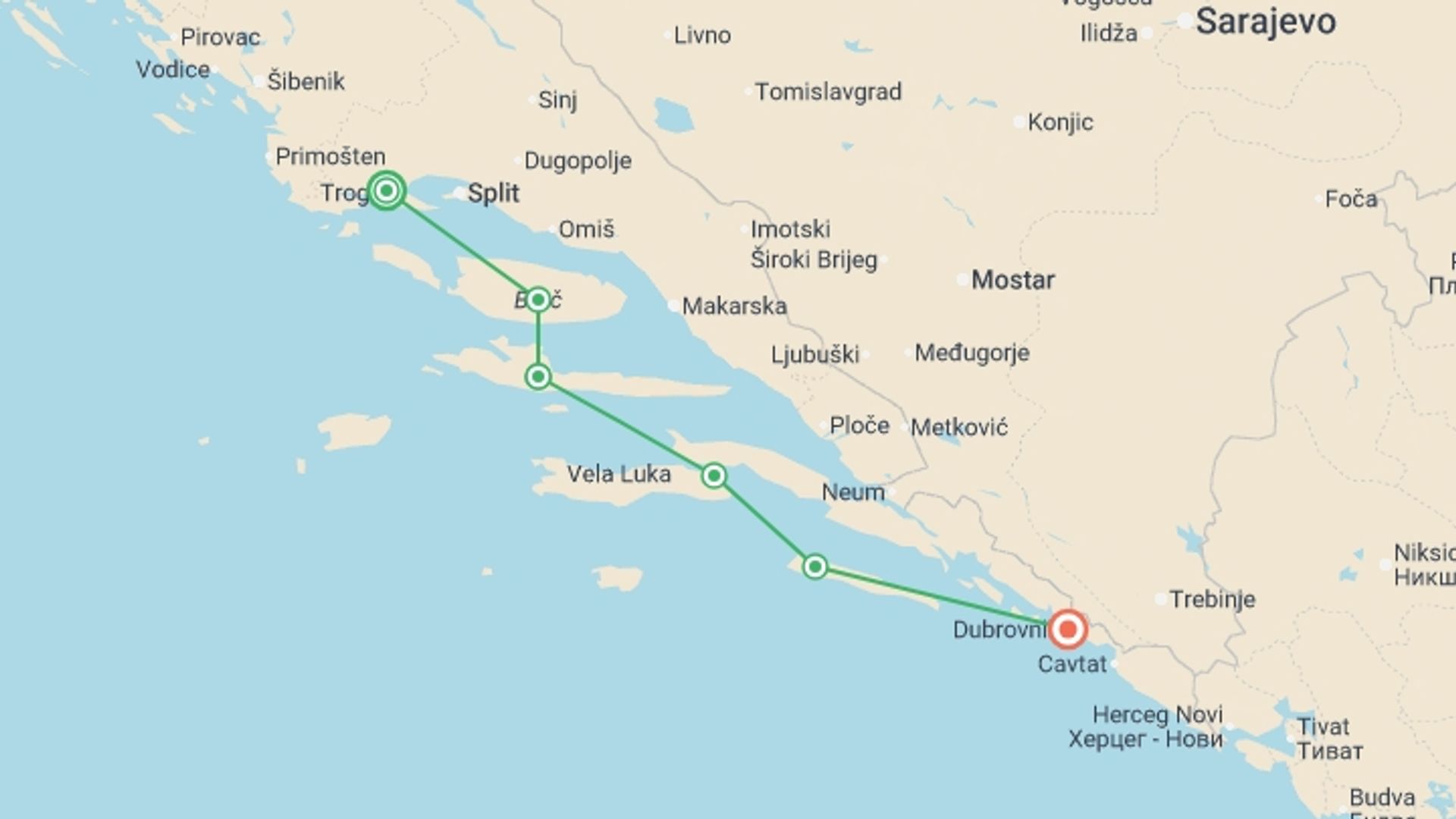 A map showing the tour itinerary for the trip: Dalmatian Coast Island Hopping, starting in Trogir, Croatia and ending in Dubrovnik, Croatia going through 4 other destinations.