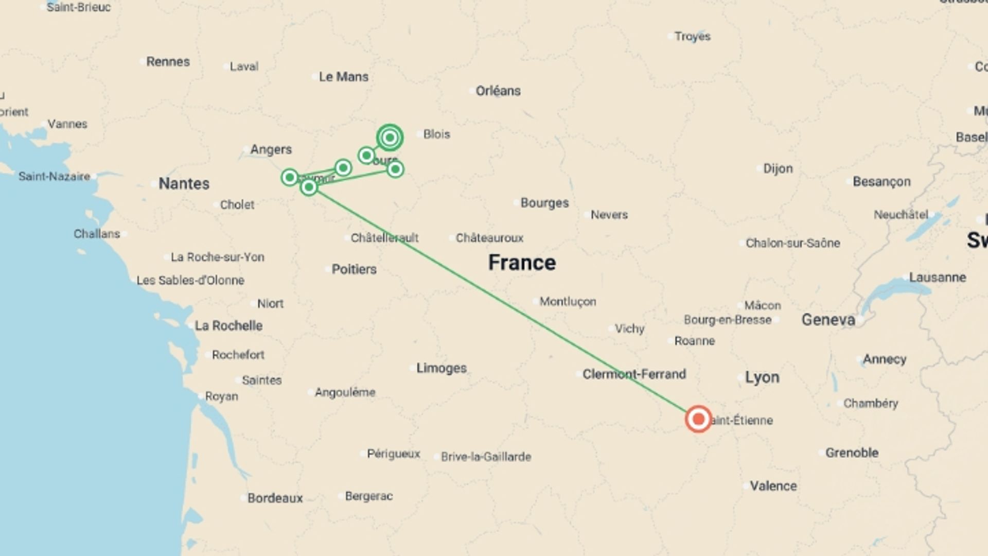 A map showing the tour itinerary for the trip: Loire Valley: Walks, Wine & Chateaux, starting in undefined, undefined and ending in Auvergne-Rhône-Alpes, undefined going through 1 other destinations.