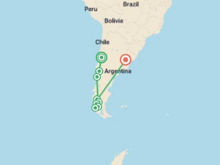 Map of a Explorer Tour with 9 destination visits for the trip: Chile to Argentina: Patagonia Peaks & Campfire Nights