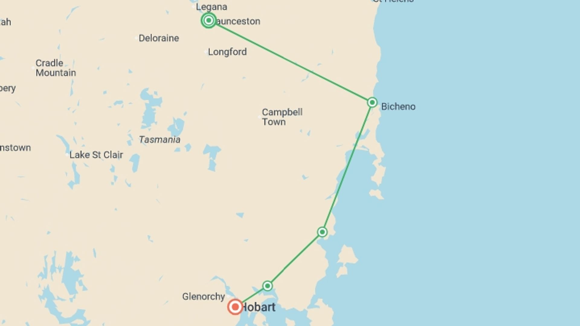 A map showing the tour itinerary for the trip: Tassie Getaway, starting in Launceston, Australia and ending in Hobart, Australia going through 3 other destinations.