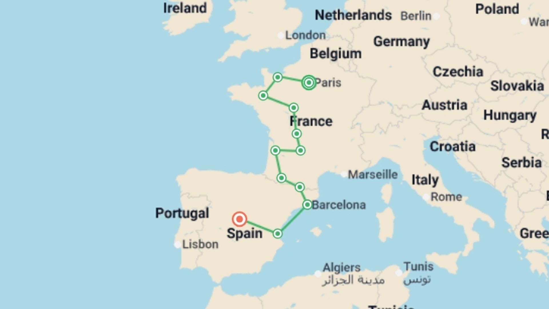 A map showing the tour itinerary for the trip: Lovely France and Spain, starting in Paris, France and ending in Madrid, Spain going through 9 other destinations.