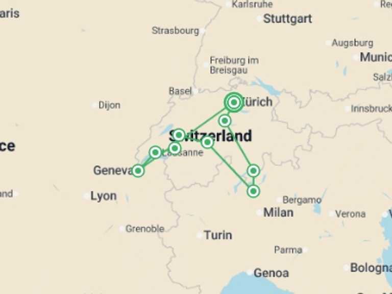 Map of Switzerland City sightseeing Tour with 4 destination visits for the trip: Swiss Capitals